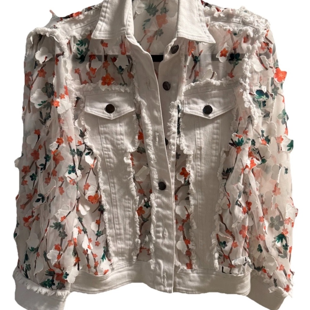 Floral White Jean Jacket with Orange & Teal Accents